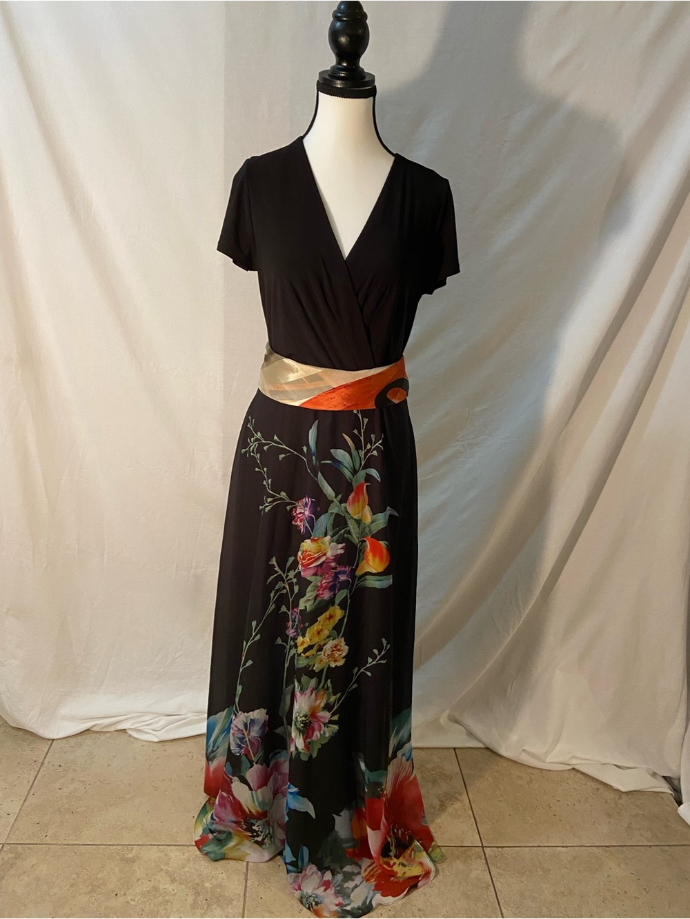 Black Floral Maxi Dress with Gold-Orange Sash